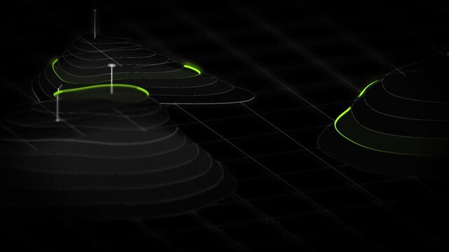 Futuristic dark data visualization showing glowing green topographical peaks on a digital grid representing market growth and financial analytics landscapes