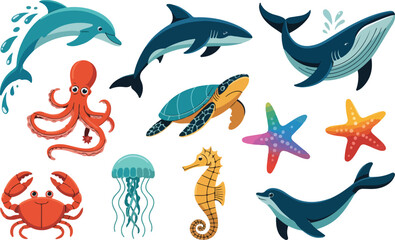 Various cartoon sea creatures including dolphin, shark, whale, turtle, octopus, crab, jellyfish, seahorse and starfish. © Zahangir