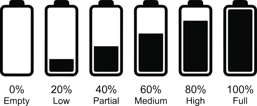 Battery level icons showing empty to full charge status in simple design