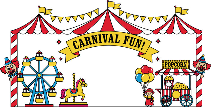 Carnival fun background with ferris wheel, carousel horse, popcorn cart and clowns