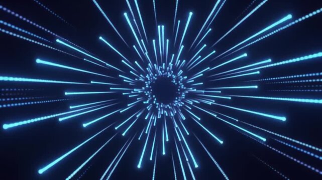 Futuristic blue neon light tunnel with dynamic perspective