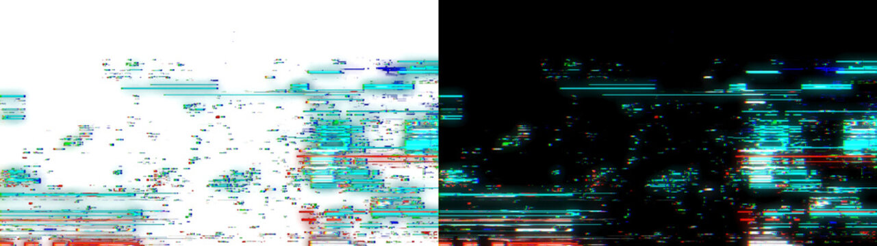 Cyan and red pixelated digital noise texture isolated on transparent background