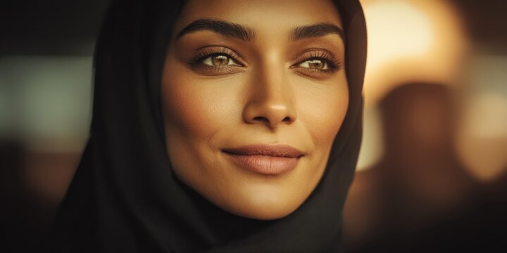 Portrait of a beautiful Emirati woman wearing a black hijab, looking thoughtfully into the distance