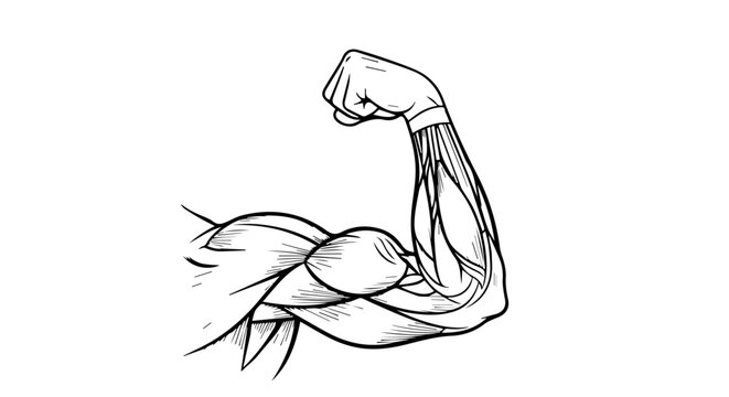 Minimalist line drawing of a flexed muscular arm illustrating anatomy and movement.