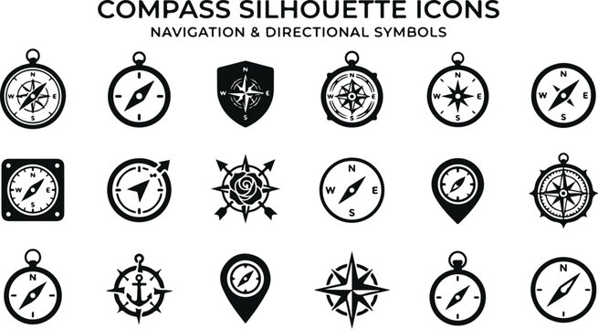 Compass silhouette icons set for navigation and directional symbols