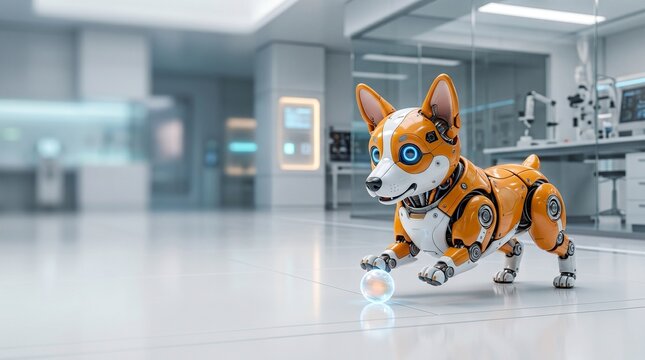 Robotic corgi playing with a glowing orb in a futuristic laboratory