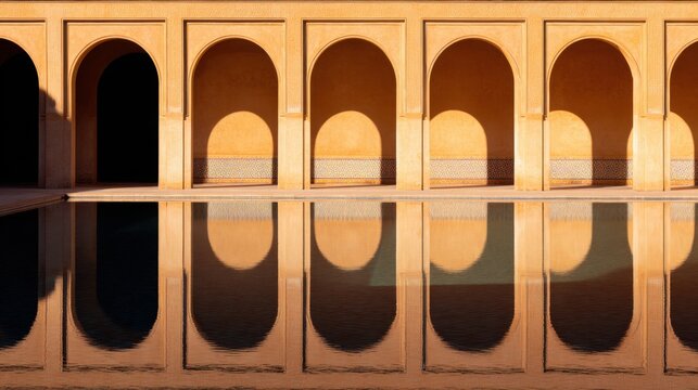 An ornate building entrance features symmetrical arches reflected in a tranquil water body