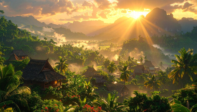 Mountain Sunrise and Sunset Landscape with Forest and Clouds