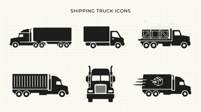 Set of six black shipping truck icons for delivery and transport