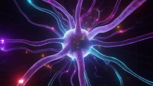 Colorful 3D rendering of a neuron with glowing synapses