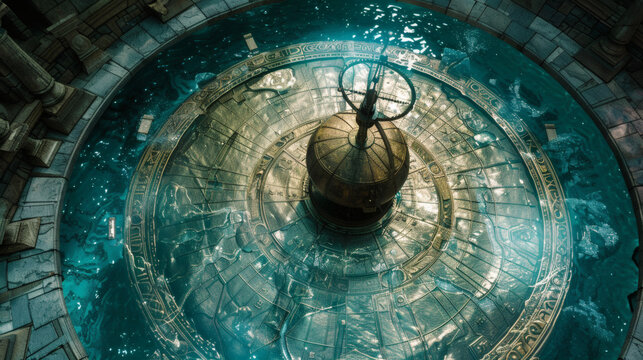 Top-down view of engraved brass star charts and armillary sphere submerged in water
