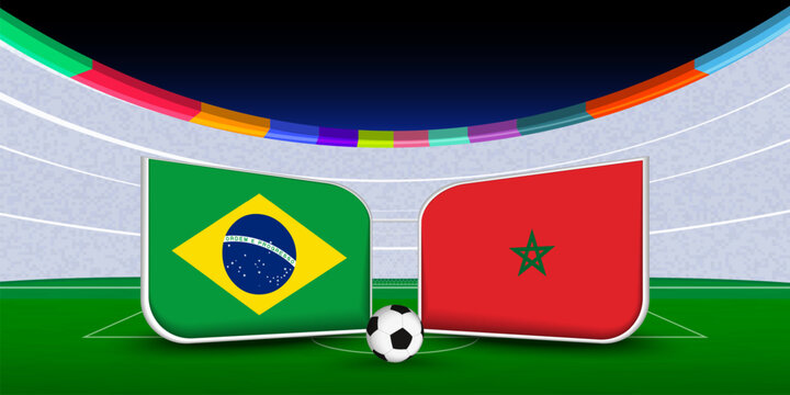 Football match preview featuring Brazil vs Morocco. Soccer Match Poster with National Flags and Stadium Background.