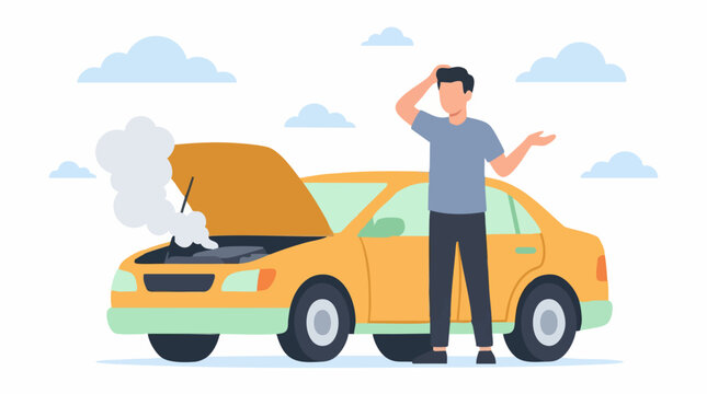 Frustrated driver with broken down car and smoking engine