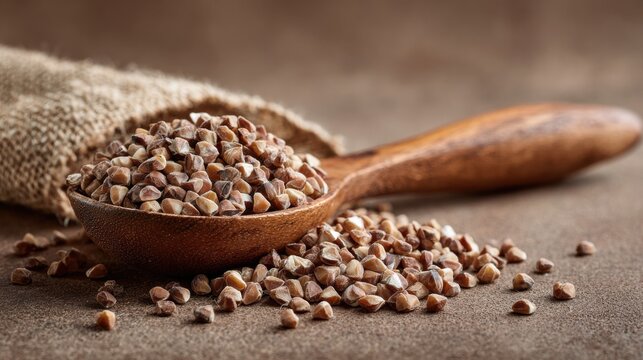 Raw buckwheat groats in wooden spoon with burlap sack on rustic brown background