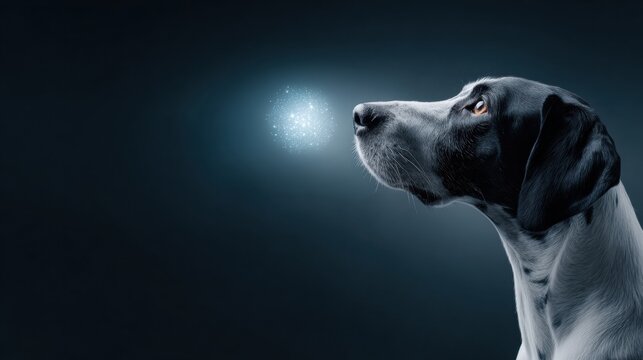 Black and white dog profile gazing at glowing particle orb on dark blue studio background