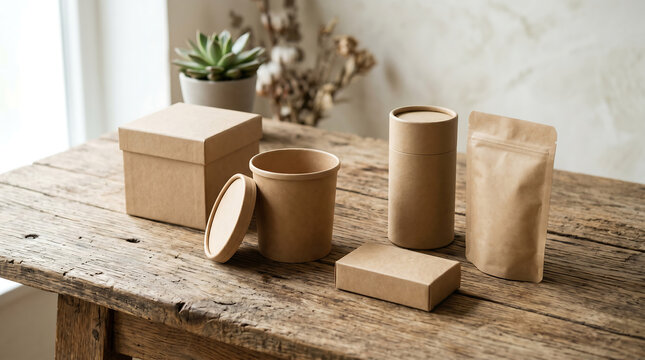 Minimal eco packaging mockup on a wooden table indoors with containers