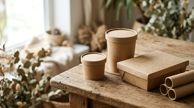 Eco friendly minimal packaging mockup on wooden table indoors with plants