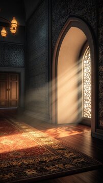 A softly lit room showcasing ornate textures, intricate patterns, and warm shadows on a rug