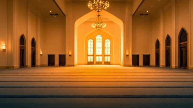 A serene interior view of a spacious hall featuring arched doorways and elegant chandeliers