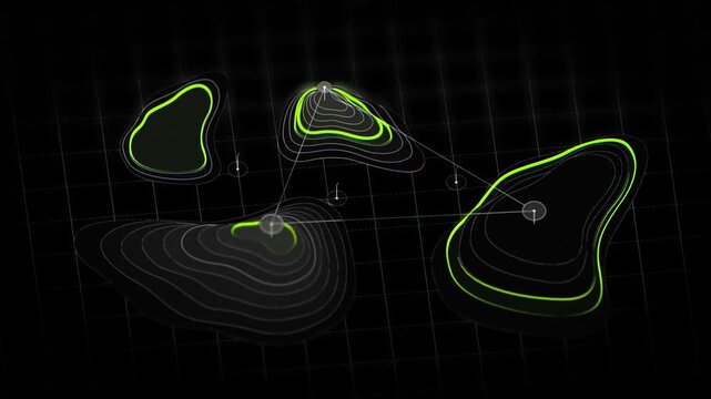 High angle view of glowing green topographical data clusters on a dark digital grid for global networking and environmental sustainability monitoring