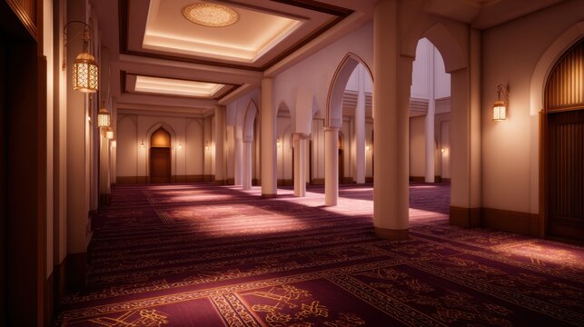 A spacious hallway features ornate arches, intricate lighting, and rich purple carpeting