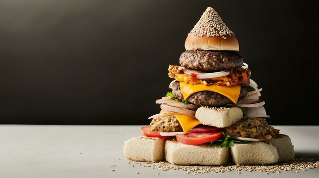 Pyramid shape hamburger stack with multiple patties and buns on dark background
