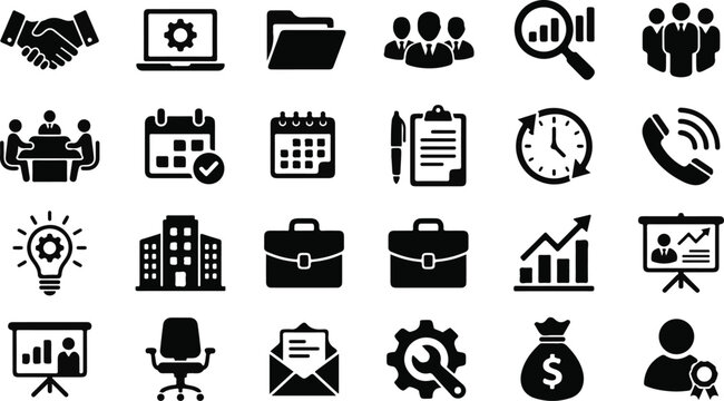 Set of flat business and office icons with handshake, laptop, documents, and charts