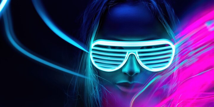 Close-up portrait of a woman wearing futuristic neon shutter glasses at a rave party