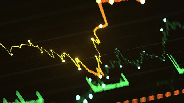 Close-up digital stock market chart with glowing lines, trading indicators, and volatile price movement. Financial data visualization concept for investing, trading and economics. 3D render animation