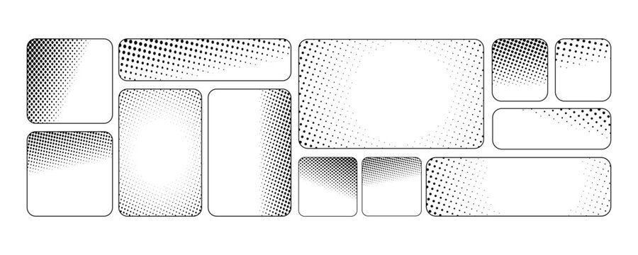 A collection of stylish retro UI/UX templates in a grid layout featuring a brick design in a pop art style. Webcomic-style grids with rounded corners. 
