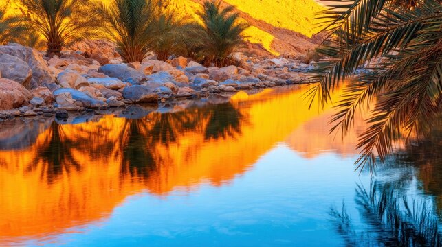A serene landscape with a river reflecting vibrant colors of palm trees and rocky terrain