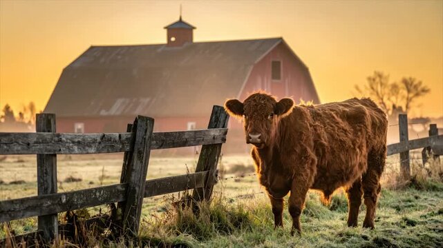 A brown cow stands by a weathered fence in a field with a red barn at dawn