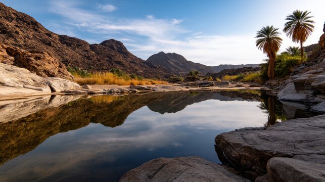 A serene landscape features a calm water body reflecting mountains and palm trees around it
