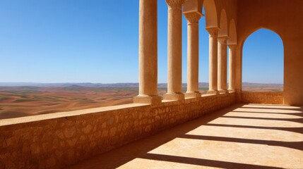 Fototapeta premium A sunlit terrace with classical columns and sweeping views of rolling hills under a clear sky