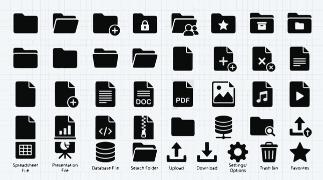 Flat icons set of folders, files, and documents with various symbols for digital interfaces