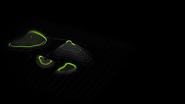 Digital terrain model featuring fluorescent green elevation contours on a dark background for geospatial analysis and high tech landscape mapping applications