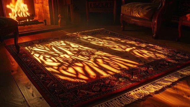 A warm, inviting room features a lit fireplace, rug with shadows, & antique furnishings