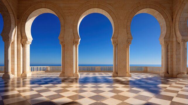 A stunning architectural view featuring four large arches with a serene blue ocean backdrop