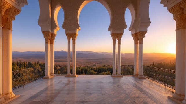 Beautiful sunset view from a marble terrace framed by elegant arches overlooking a lush valley