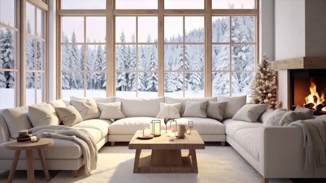 A cozy living space features large windows framing a snowy forest with a fireplace