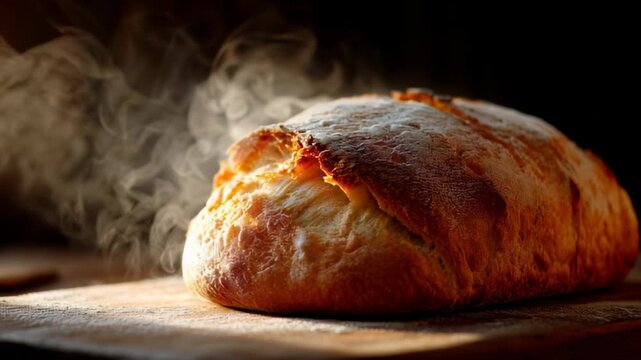 Fresh artisan bread on wooden table in kitchen, homemade baking comfort, rustic food lifestyle, warm and delicious meal concept.