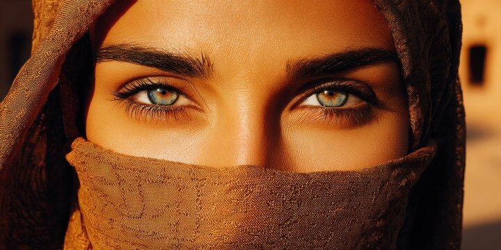 Close-up of a Saudi woman's striking blue eyes and veiled face in warm sunlight