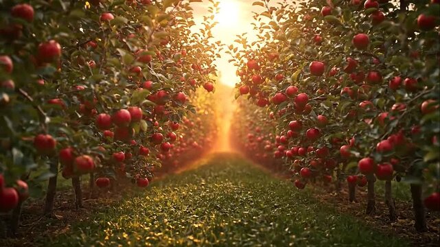 Red apples ripening on trees in a lush orchard during a golden sunset