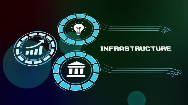 Sustainable business infrastructure and industrial foundation concept. Digital icons representing the core systems that support professional growth.