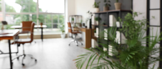 Obraz premium Blurred view of office with desks, shelf units and green plants