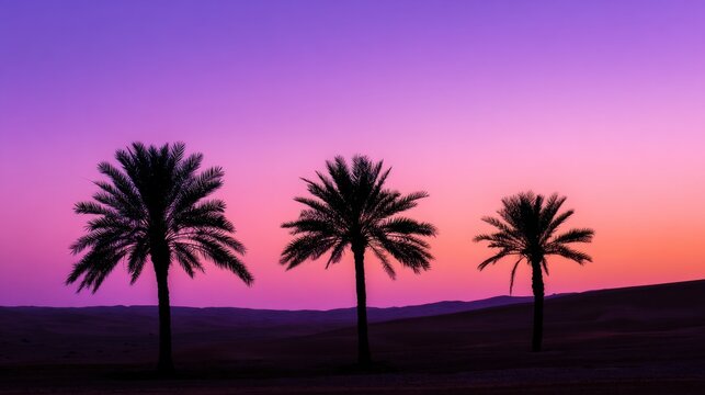 Silhouettes of palm trees against a stunning gradient of purple and orange twilight sky