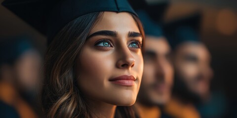 Fototapeta premium Young woman in graduation cap looking up with hope and determination