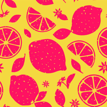 Vibrant seamless pattern with pink lemons on yellow background. Modern vector citrus texture