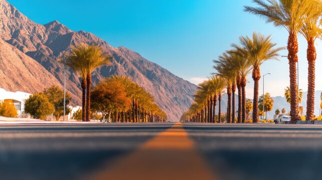 A serene road lined with palm trees, leading towards majestic mountains under a clear blue sky