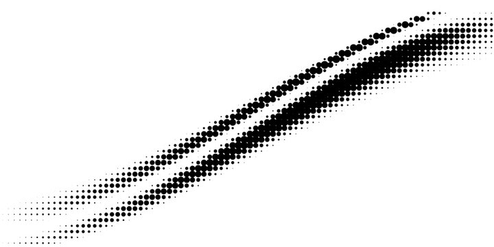 Black halftone dot wave pattern. Abstract grain fluid texture. Dotted curve wallpaper. Grit undulate swoosh overlay for poster, banner, brochure, flyer, leaflet, brochure. Vector rasterized background